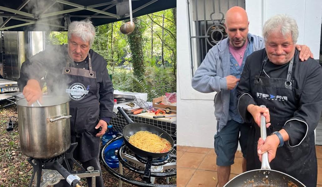 Lo chef gallurese Nicola Mancini ai fornelli sul set di Checco Zalone