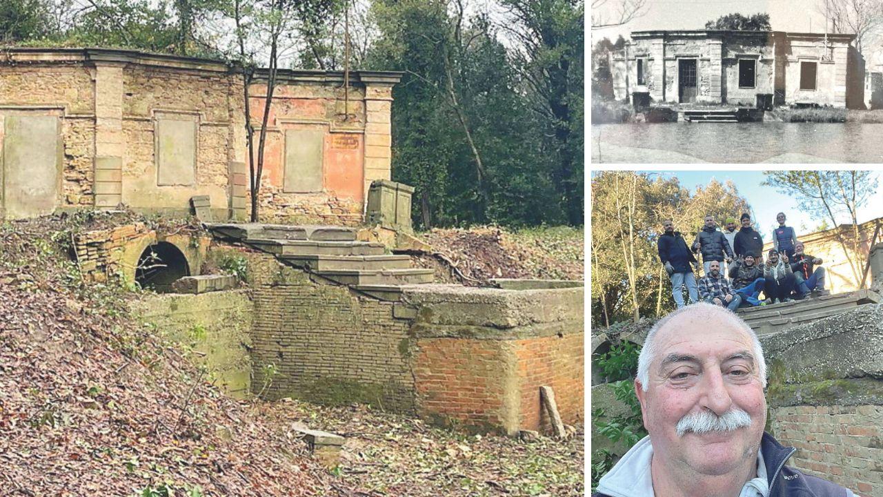 
	A sx Villa Rodocanacchi oggi, a dx sopra una foto d&rsquo;epoca della casa sul lago della villa e sotto&nbsp;Giuseppe Pera con i volontari Reset

