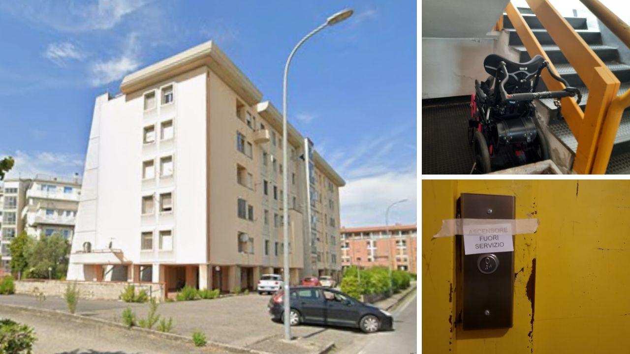 
	Il condominio in zona Pisanova, a dx la carrozzina usata dalla bambina rimasta bloccata in ascensore e lo stesso ascensore fuori uso

