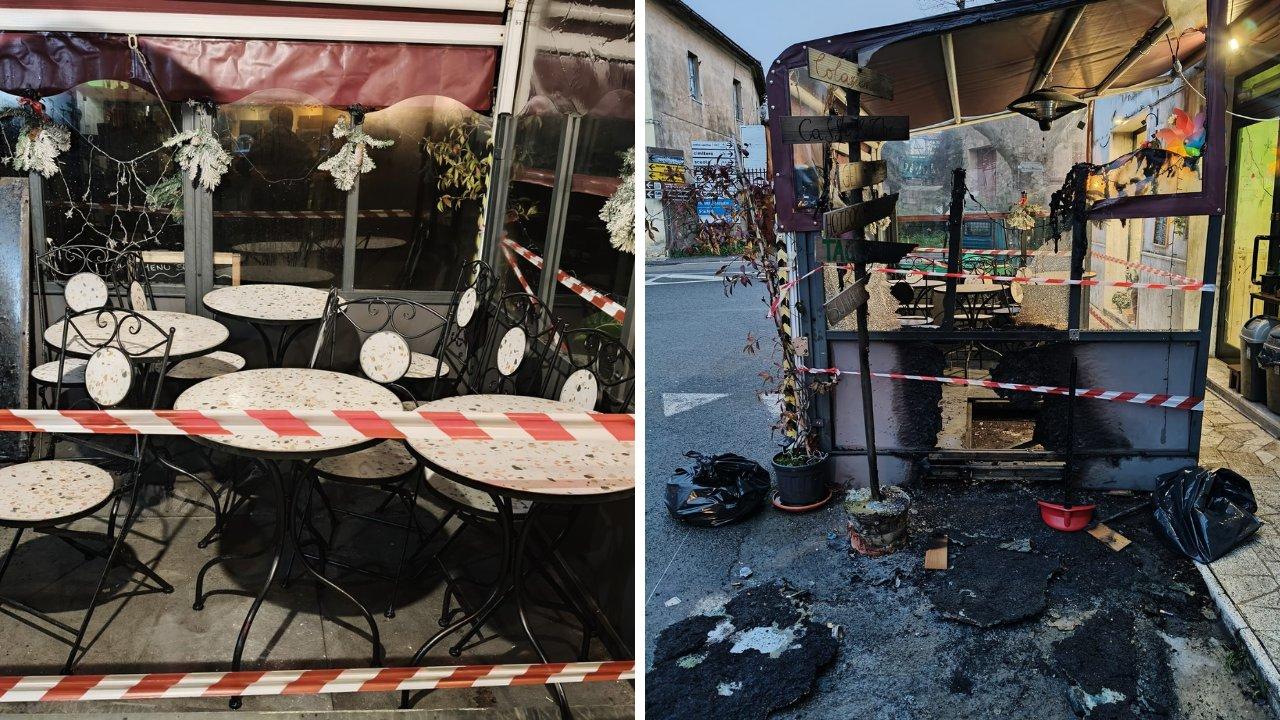 A fuoco il gazebo del bar: «Forse un mozzicone o un petardo. Danni per circa 5mila euro»