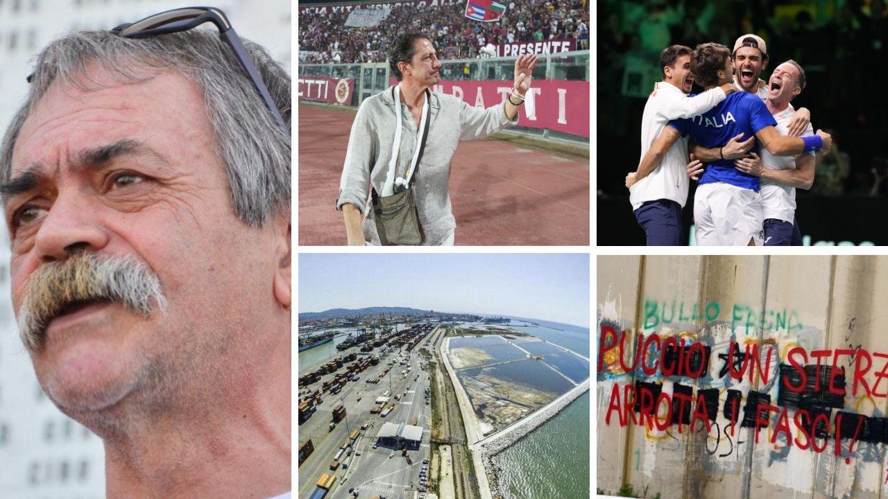 Da sx Loris Rispoli, Igor Protti, Filippo Volandri, la Darsena Europa e la "nuova" scritta Puccio Sterza