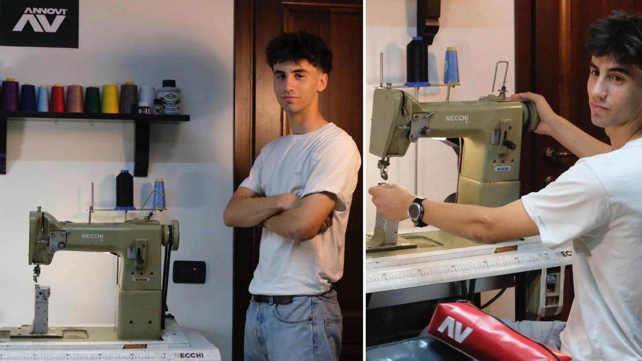 Filippo Annovi con la sua macchina da cucire