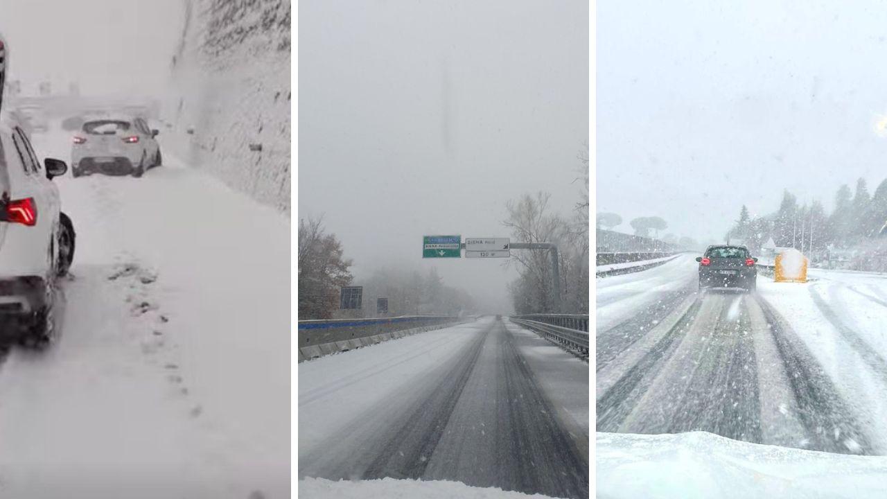 Da sx la neve sull'A1, sull'Autopalio e sulla Fi-Pi-Li