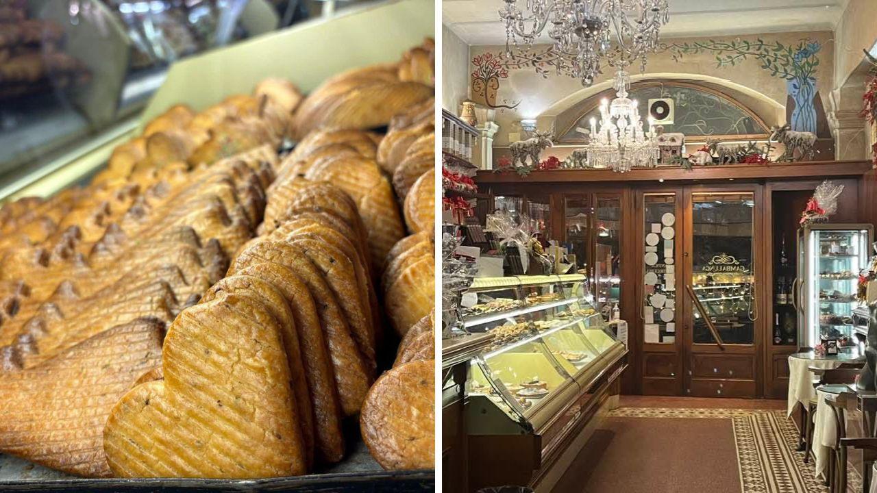 I befanini della Pasticceria Gambalunga e, a destra, l’interno del negozio