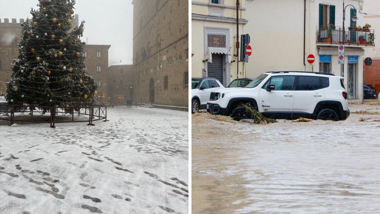 Un'immagine di Volterra innevata il 6 gennaio 2026 e l'alluvione a Sesto nel marzo 2025
