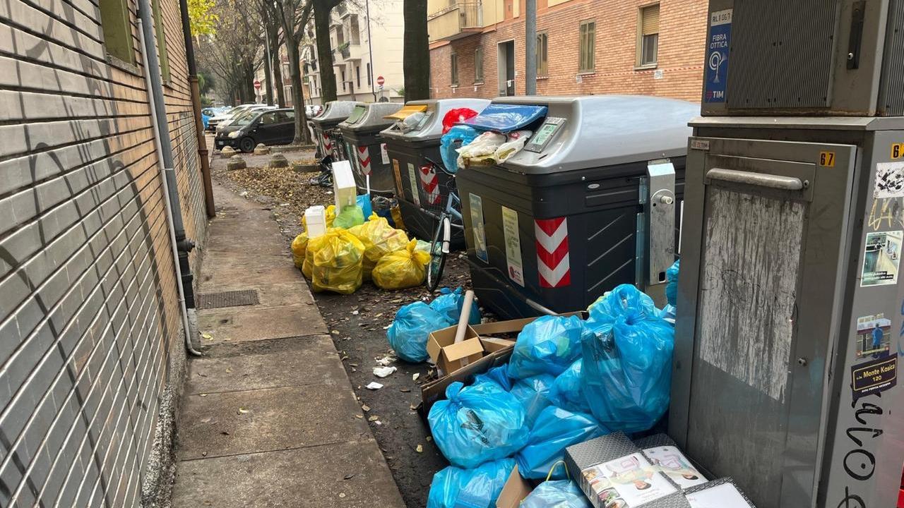 Rifiuti fuori dai cassonetti in zona Musicisti