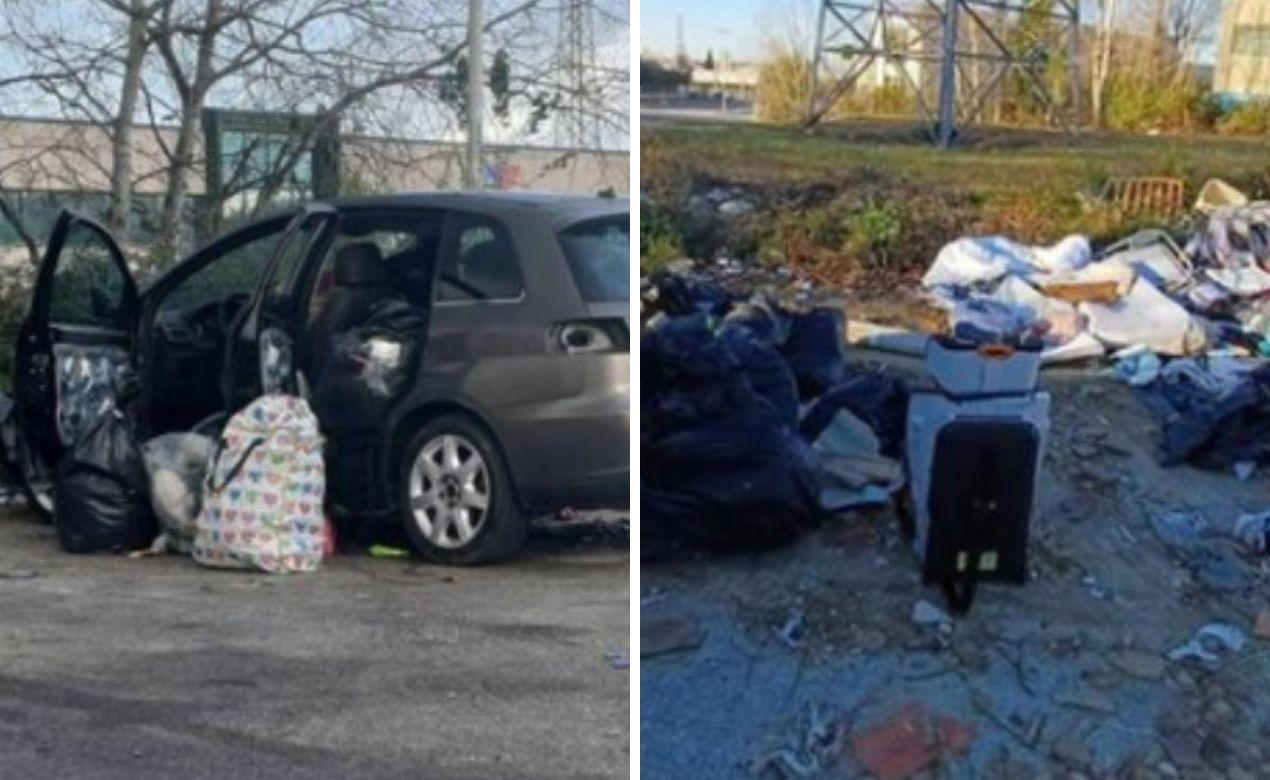 Livorno, nel parcheggio-discarica al Picchianti anche un’auto trasformata in cassonetto
