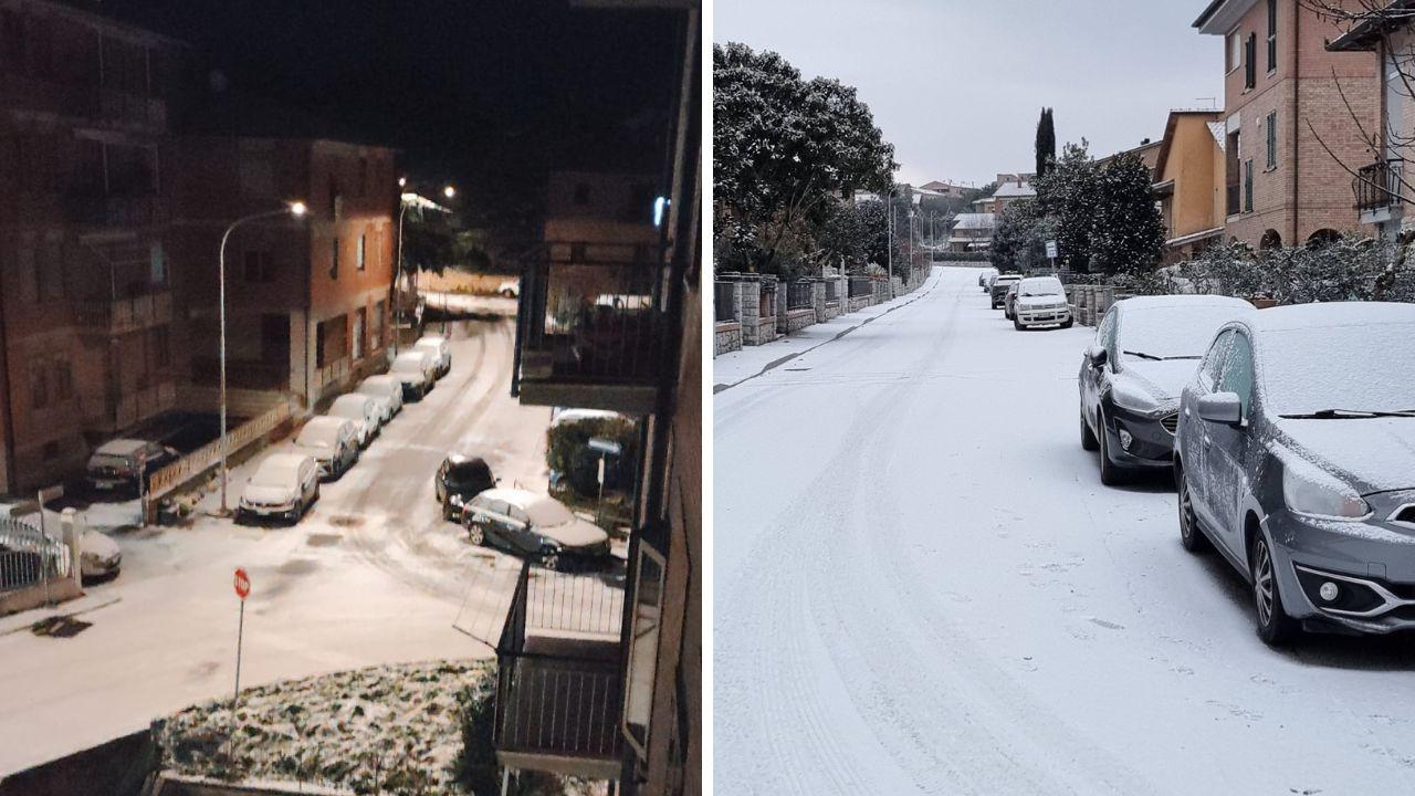 A sinistra la neve a Volterra; a destra alle porte di Siena (Foto De Lucia/Ruffoli)