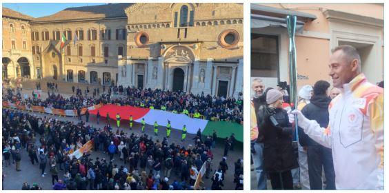 Reggio Emilia in festa per la fiamma olimpica: Stefano Baldini tedoforo. Giuliano Razzoli protagonista in piazza