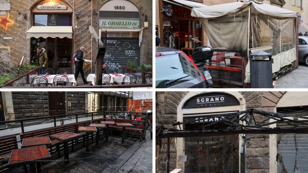 Incendio doloso al dehor Osteria dei Leoni, ristorante Los Chicos Tex Me, di Sgrano e di Soul Kitchen (in senso orario)