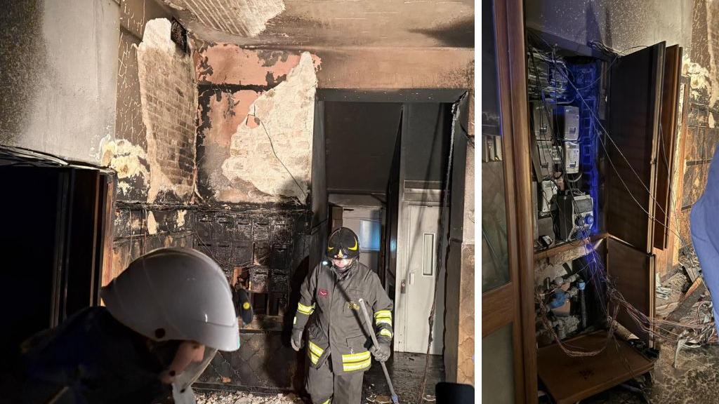 I danni provocati dall'incendio nel condominio di via Fiume a Piombino: a dx il quadro elettrico quasi intatto
