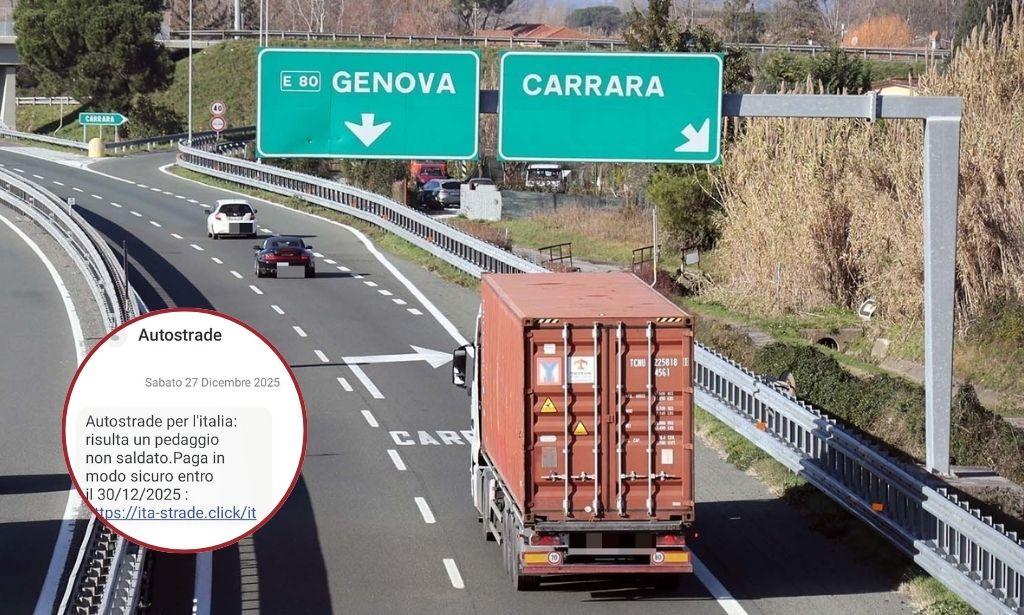 Un tratto dell’A12 nei pressi dell’uscita per Carrara. A sx l'sms-truffa ricevuto da una carrarese il giorno dopo il suo tragitto in autostrada