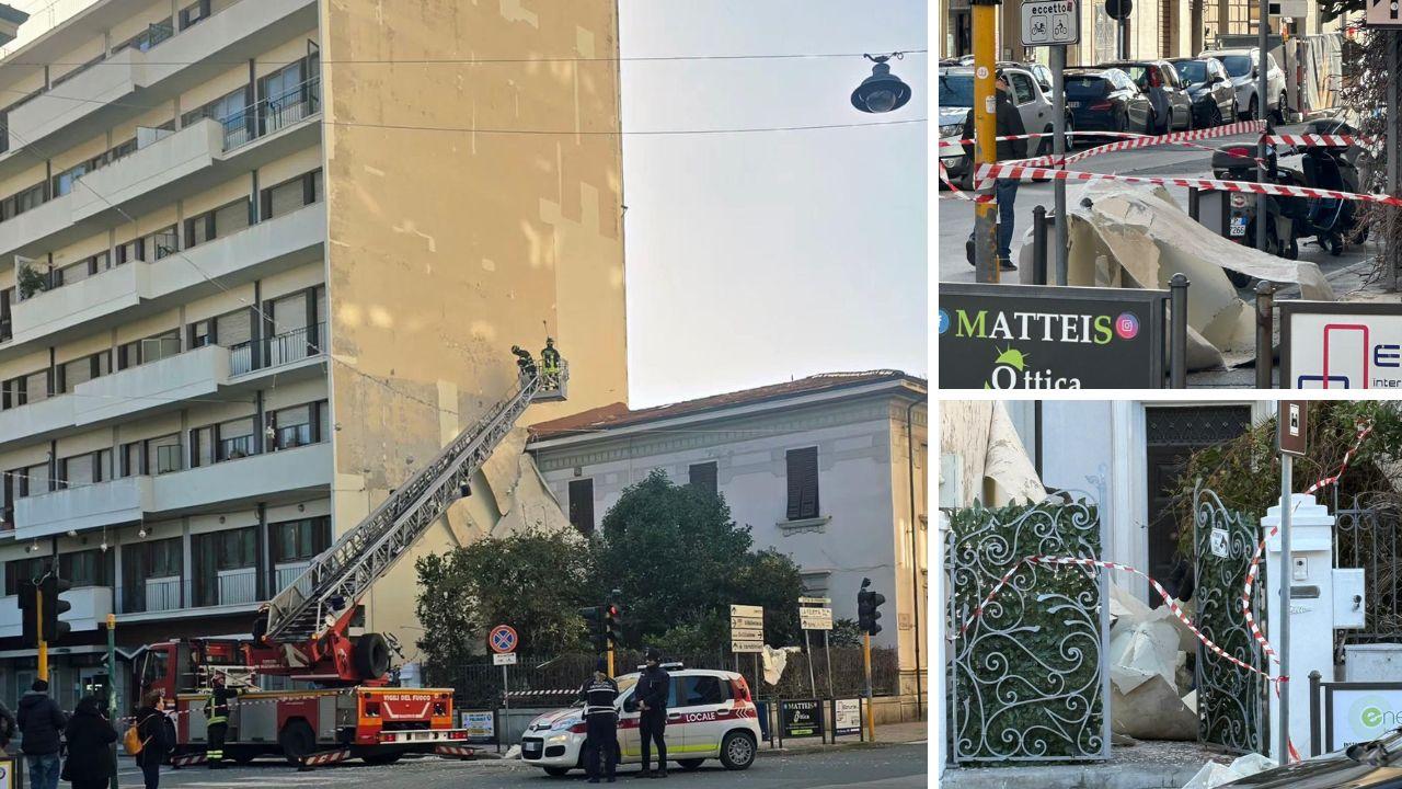 Piombino, paura in centro: grosso pezzo di “cappotto” si stacca dalla facciata di un palazzo – Video