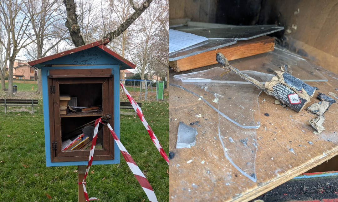 Ferrara, casetta dei libri distrutta dai vandali con un petardo