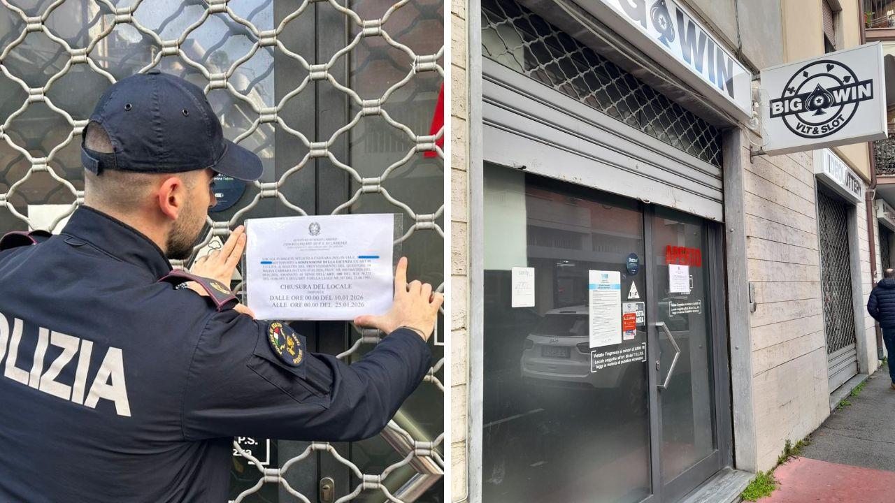 Un poliziotto appende il provvedimento sull’ingresso del locale, a dx l’ingresso della sala giochi in via Sforza ad Avenza