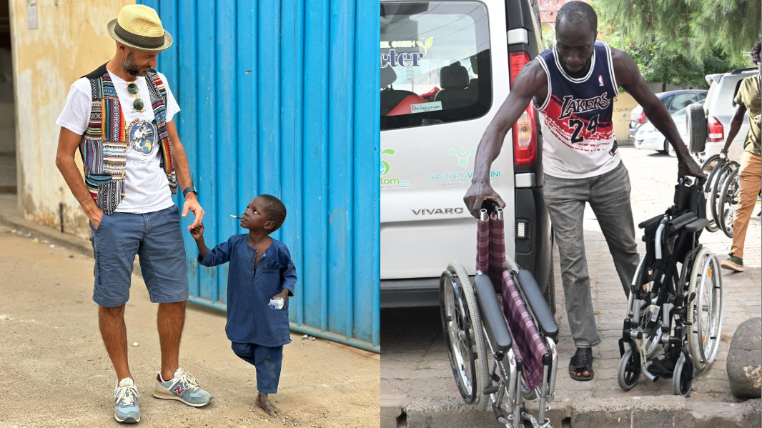 Manolo Cattari con un bimbo in Senegal, a destra la consegna delle carrozzine