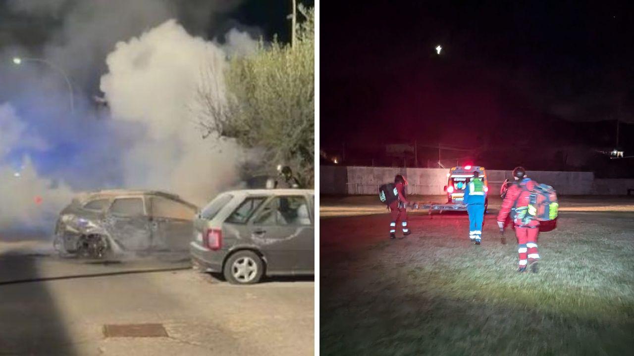 
	L'auto distrutta dalle fiamme e i soccorsi&nbsp;

