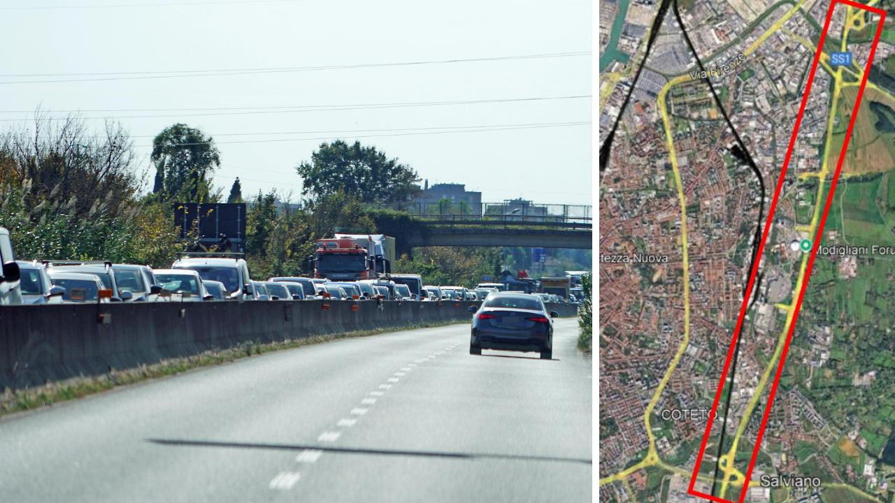 Auto incolonnate nel tratto centrale della Variante Aurelia e il tratto urbano della Variante (Stick)