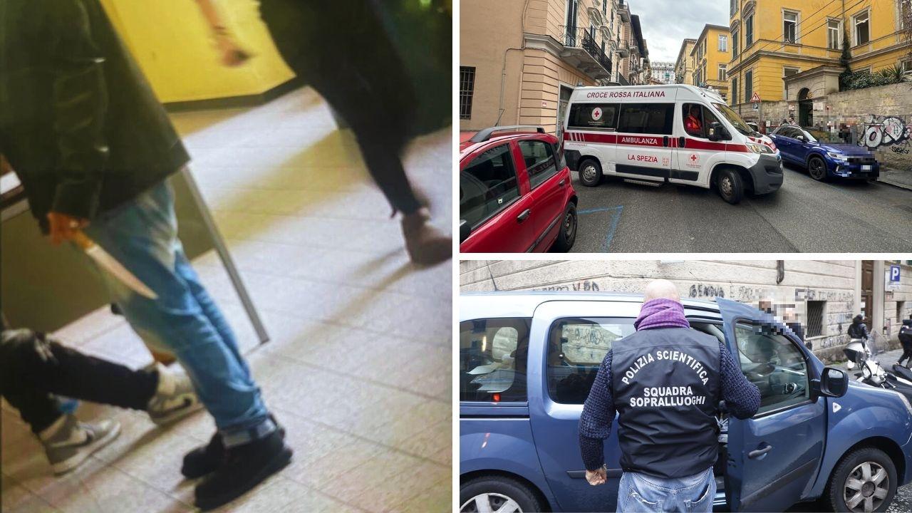 Il coltello, il personale del 118 e la Scientifica sul posto