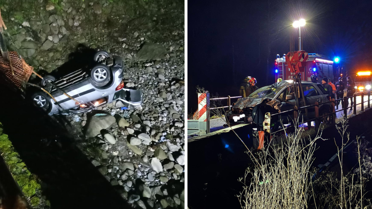 Nelle foto della pagina FaceBook PontremoliToday, a sx l’auto recuperata dai vigili del fuoco, a dx la vettura sulla massicciata al di sotto del ponte