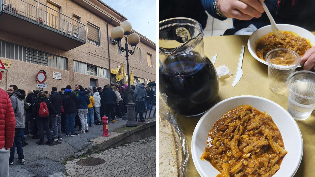 La fila per la colazione e il piatto (foto Stick)