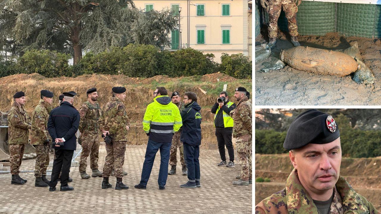 Militari e istituzioni sul posto, l'ordigno e il colonnello Andrea Cementi (foto Nucci)