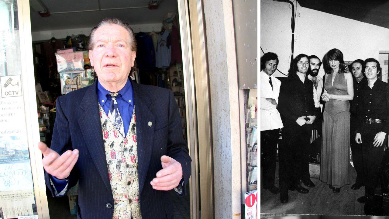 Una foto di Giorgio Coluccini davanti al suo emporio-edicola e, a destra, insieme a Mina