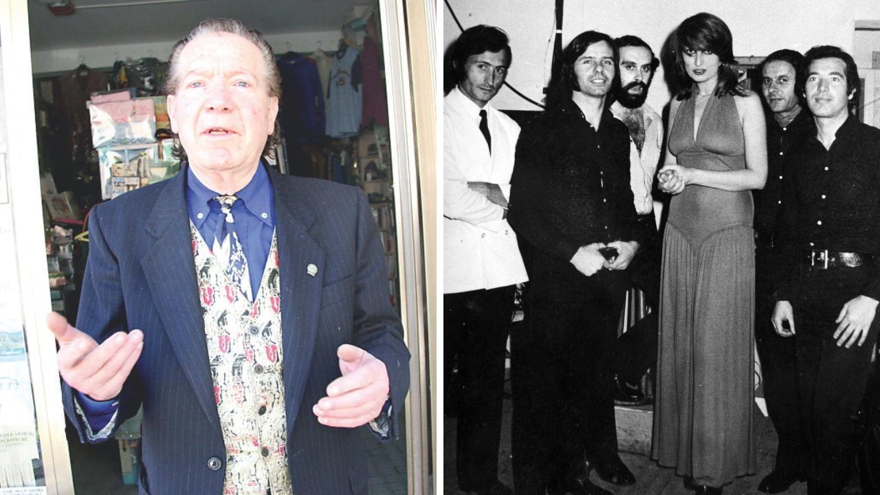 Giorgio Coluccini davanti al suo emporio- edicola e, a destra, insieme a Mina