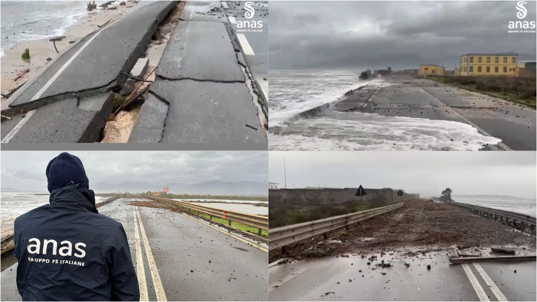Catastrofe Harry, il ciclone devasta la statale 195 per Capoterra: fra crolli e detriti la strada resta chiusa – VIDEO