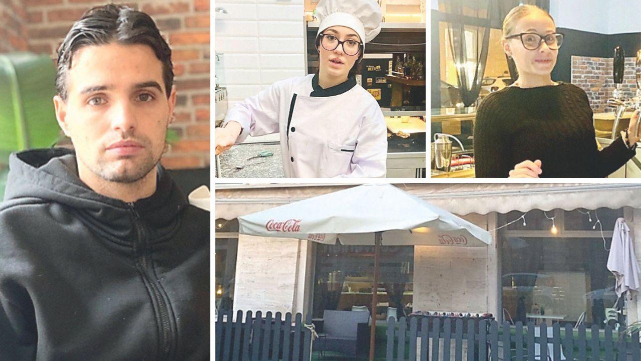 A dx il titolare Jacopo Sabinos, in alto da dx le dipendenti Giulia Cinelli e Chiara Buggiani e sotto l'esterno della pizzeria