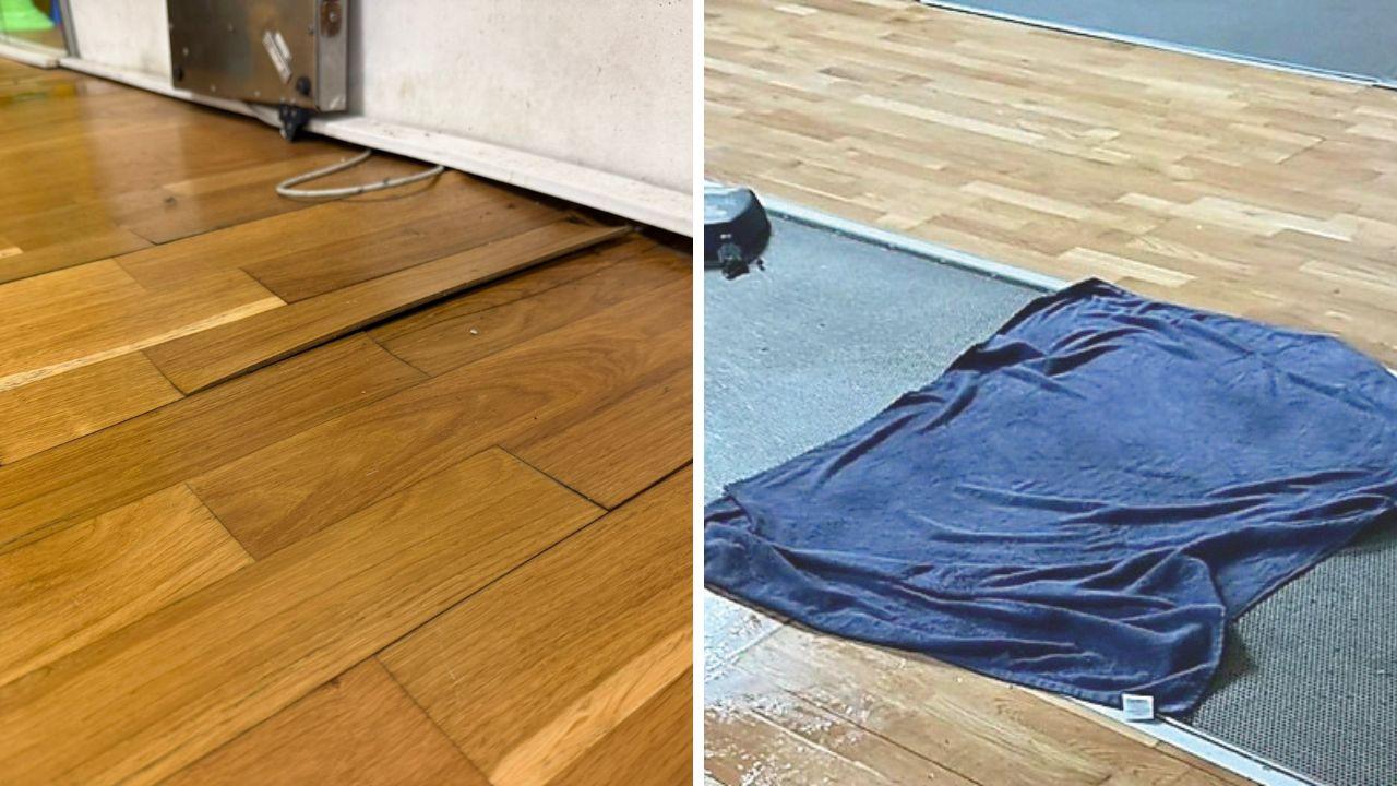 Il parquet della palestra inzuppato d'acqua