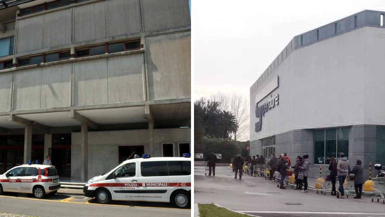 Un'immagine del parcheggio in una foto d'archivio e il comando della municipale carrarese