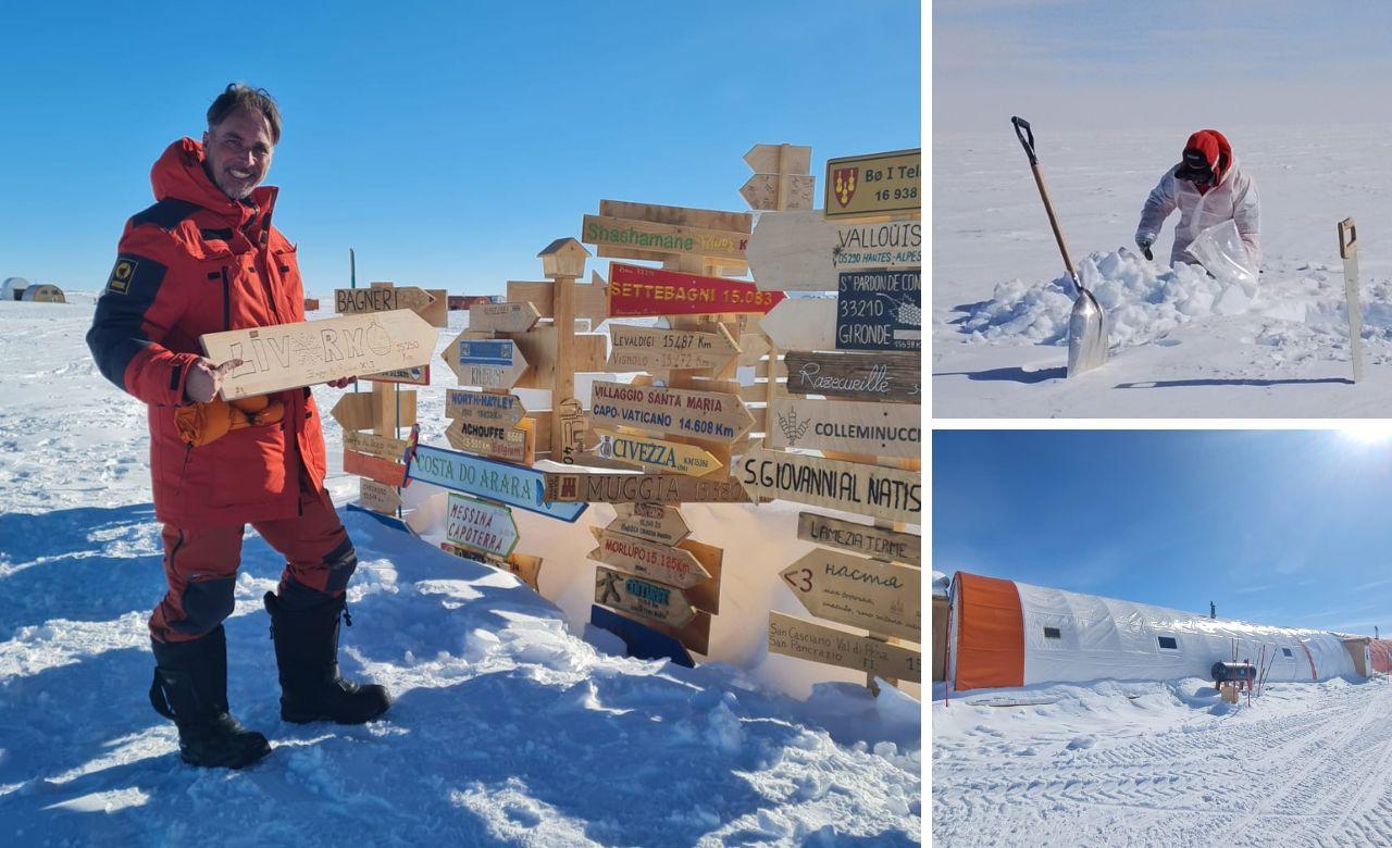 
	A sx Andrea Brongo con il cartello che indica Livorno e che ha installato in Antartide, a dx il chimico durante alcuni campionamenti e la stazione Concordia&nbsp;

