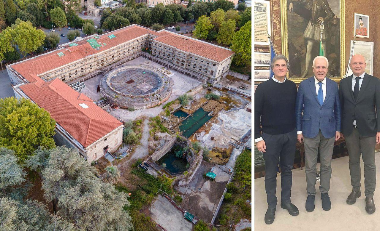 Le Terme Leopoldine, nell’altra foto da sx Luca Quercioli, Eugenio Giani e Claudio Del Rosso all’uscita dalla riunione