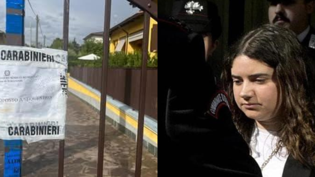 
	I sigilli all'ingresso della villetta e a destra Chiara Petrolin, accusata di avere ucciso i due figli appena nati

