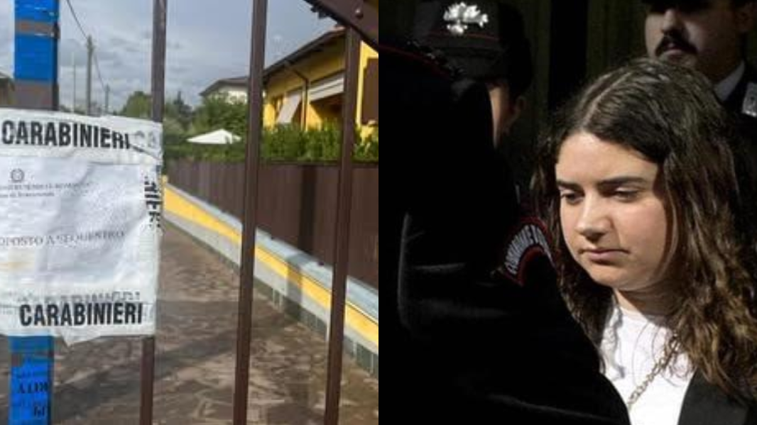 I sigilli all'ingresso della villetta e a destra Chiara Petrolin, accusata di avere ucciso i due figli appena nati