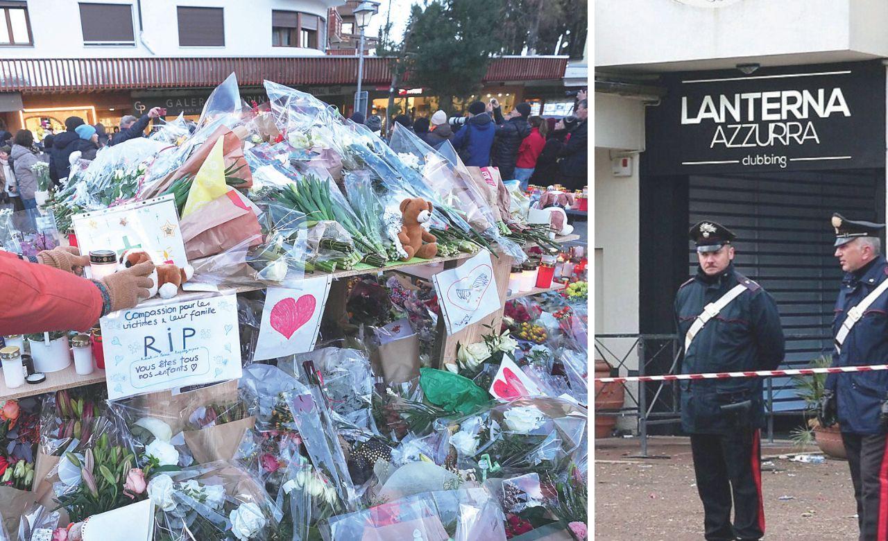 Fiori e messaggi per le vittime di Crans-Montana, a dx l'esterno della discoteca a Corinaldo