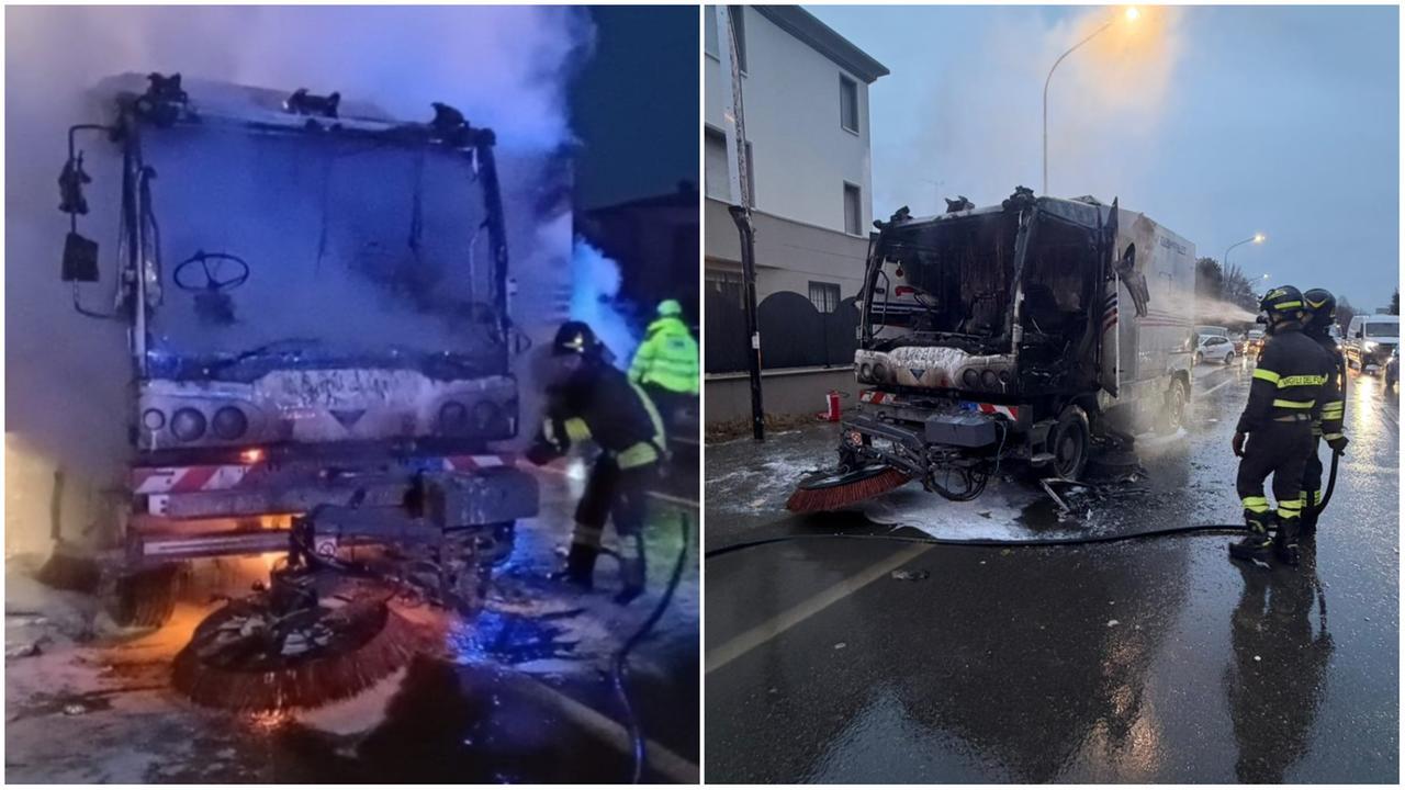 Spazzatrice in fiamme a Marano: vigili del fuoco in azione