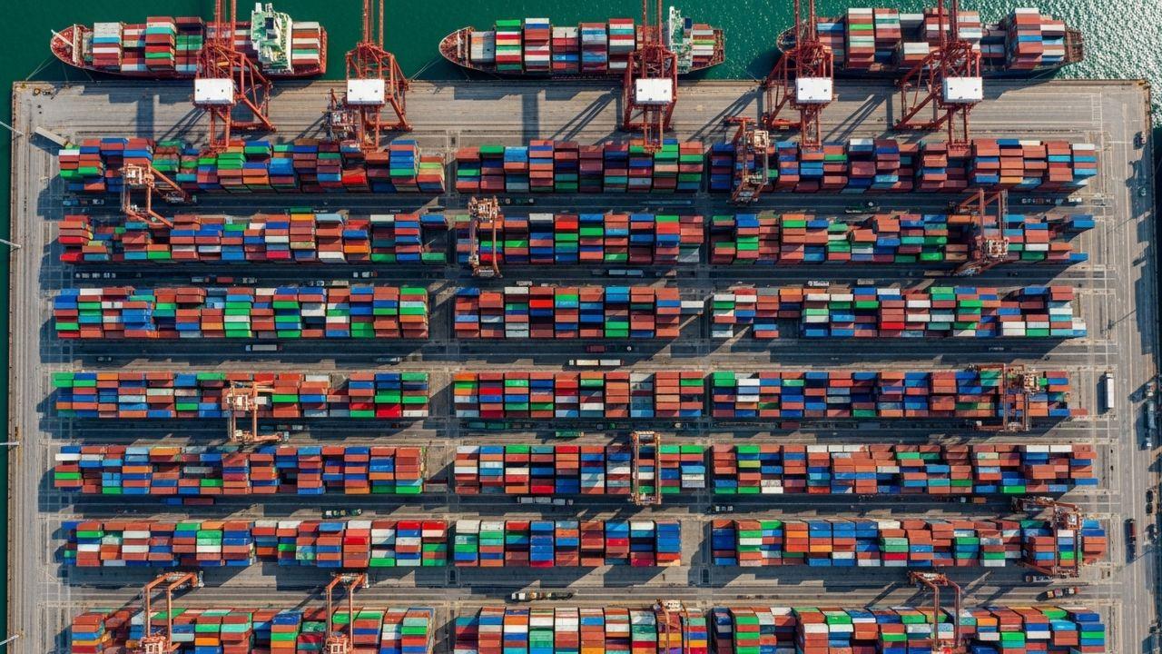 
	Container dall'alto in un porto (foto di repertorio)

