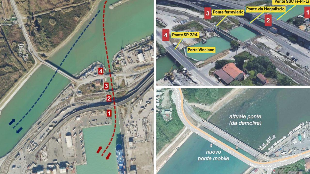 A sx in rosso l’attuale percorso degli yacht dal canale dei Navicelli al mare; in blu quello futuro. A dx il dettaglio del percorso attuale, sotto il nuovo ponte