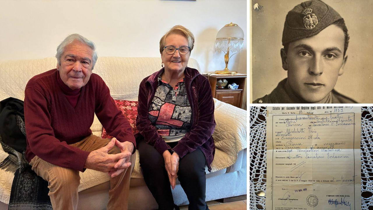 Nevio Michelotti insieme alla moglie (foto Falorni/Stick), a dx la foto del padre