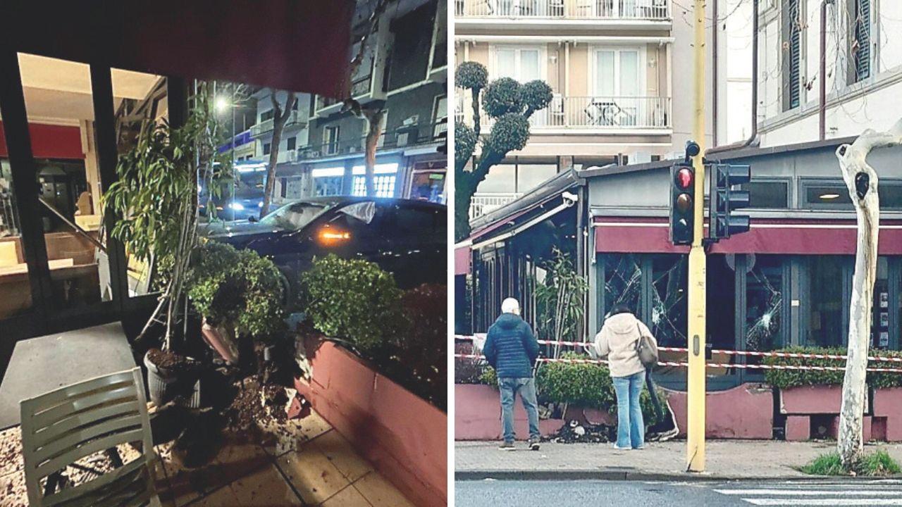 L’incidente e le conseguenze dell’impatto dell’auto contro la vetrina del bar Cibus di corso Matteotti