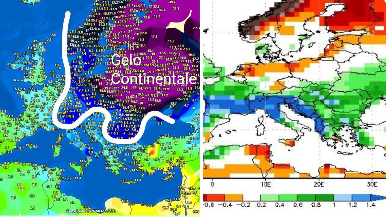 
	A sinistra la situazione attuale a destra l'anomalia delle precipitazioni prevista a febbraio (Elaborazione Cmt)

