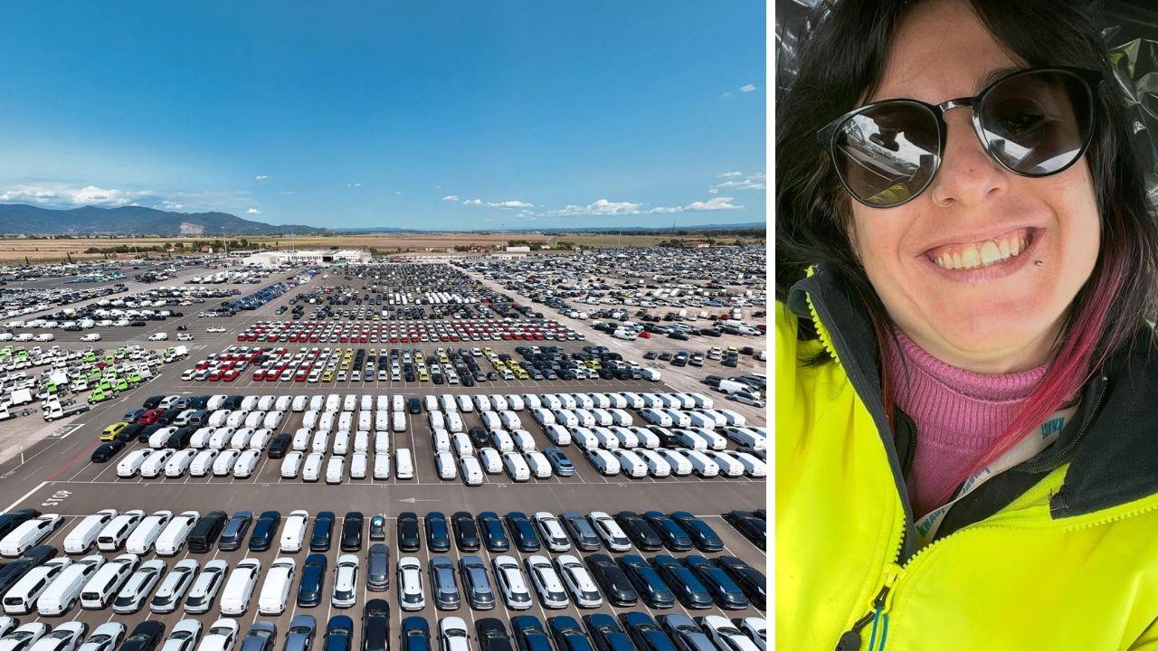 Una veduta aerea dell’autoparco “Il Faldo” e a destra una sorridente Veronica