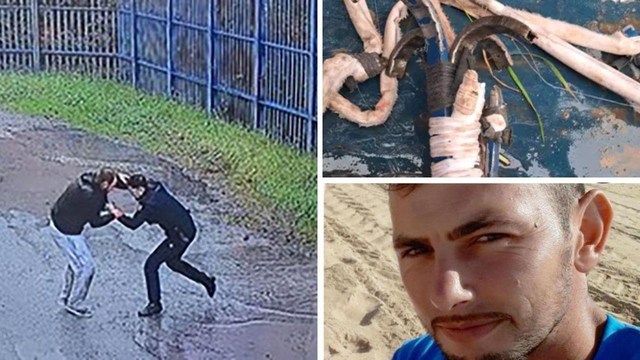 
	Vasile&nbsp;Frumuzache mentre viene bloccato e le corde usate per la fuga<br />
	&nbsp;

