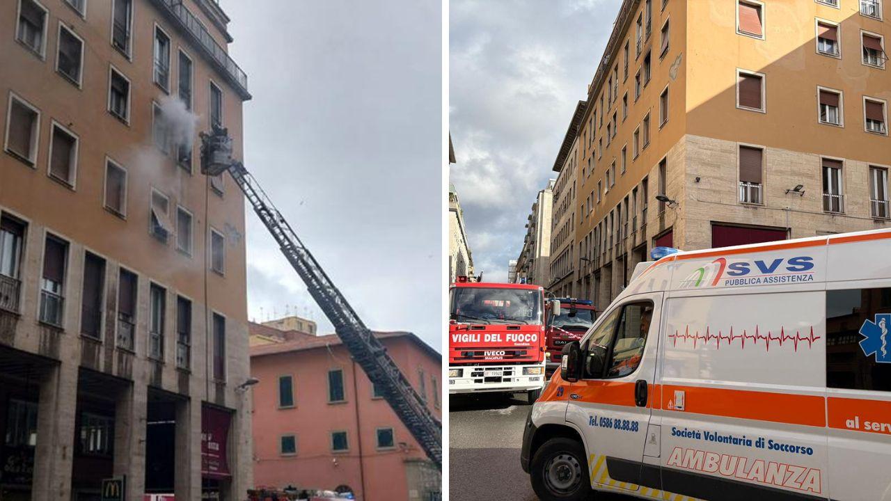 L'appartamento in cui è scoppiato l'incendio e i mezzi di soccorso (foto Stick)