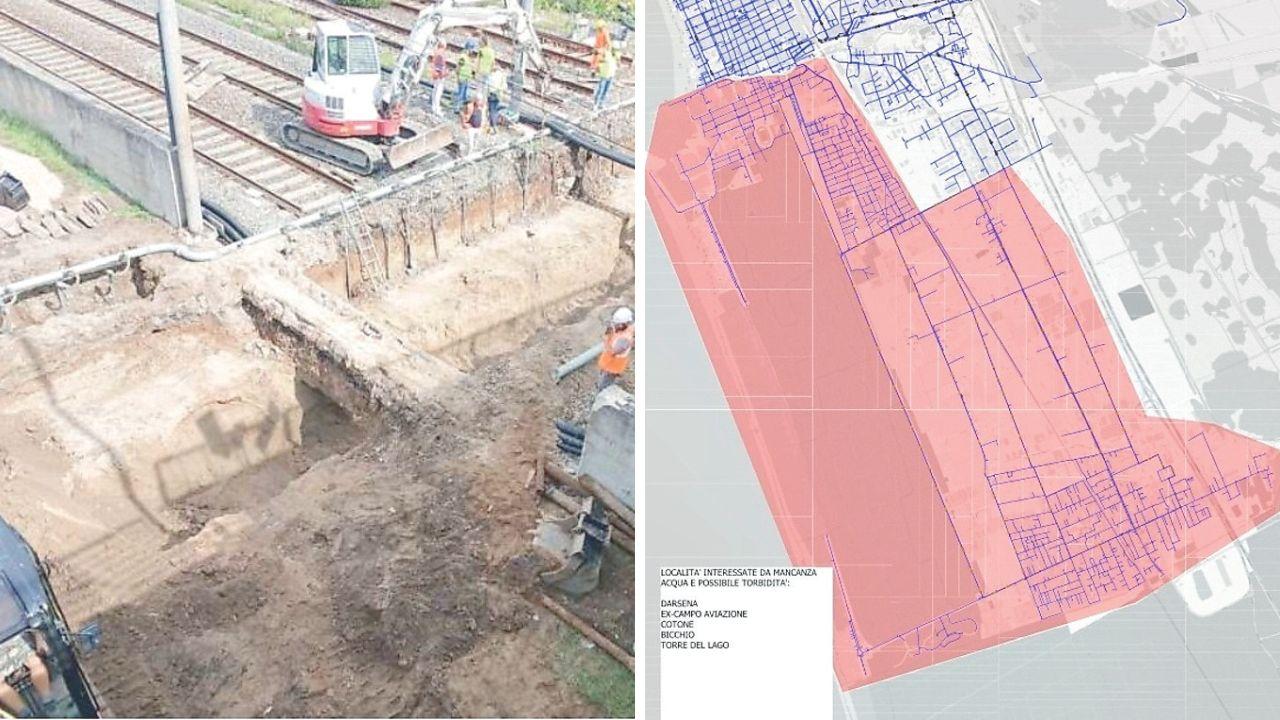 Da dx gli operai al lavoro per il nuovo sottopasso (foto Paglianti) e la mappa delle zone in cui è prevista l'interruzione dell'acqua