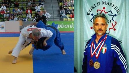 Piero Manca in azione con il kimono chiaro e in un ritratto