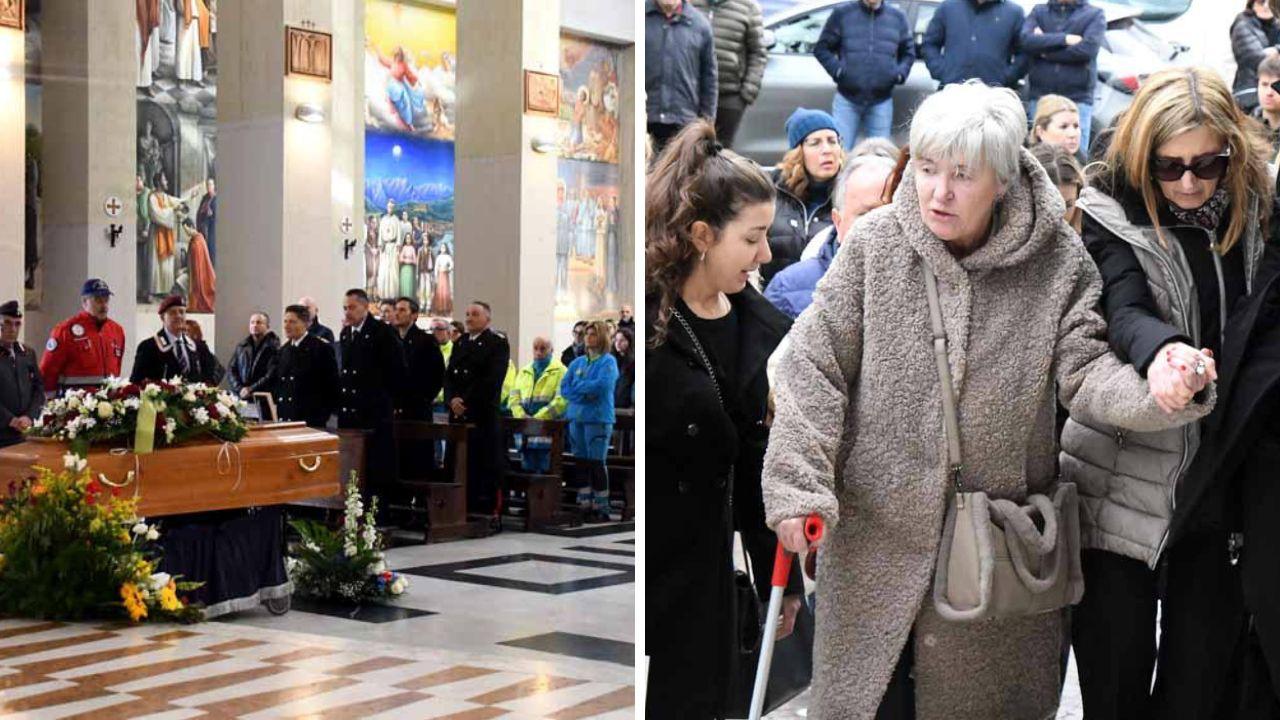 Un momento dei funerali e la compagna all'ingresso della chiesa (foto Cuffaro)