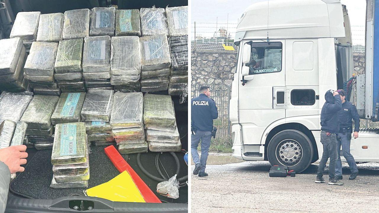 
	I cento panetti di cocaina rinvenuti nel tir e gli agenti della polizia durante il controllo del mezzo

